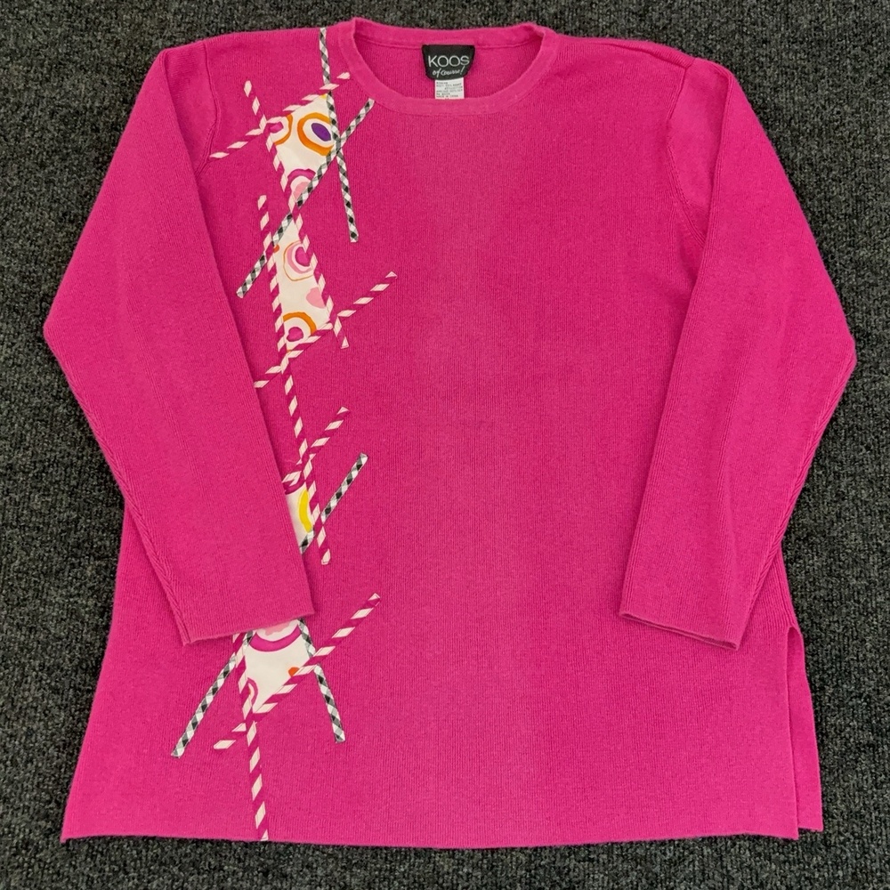 Koos Of Course Sweater Womens M Pink Crew Neck Long Sleeve Tunic Silk Applique